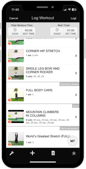 An Iphone with the screen showing the exercise videos included in the Athlete Ready Global app.