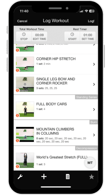 An Iphone with the screen showing the exercise videos included in the Athlete Ready Global app.