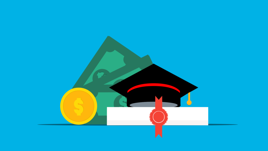 Athlete Ready college athlete scholarship blog title picture of an illustration of a graduation cap, a diploma, and money.